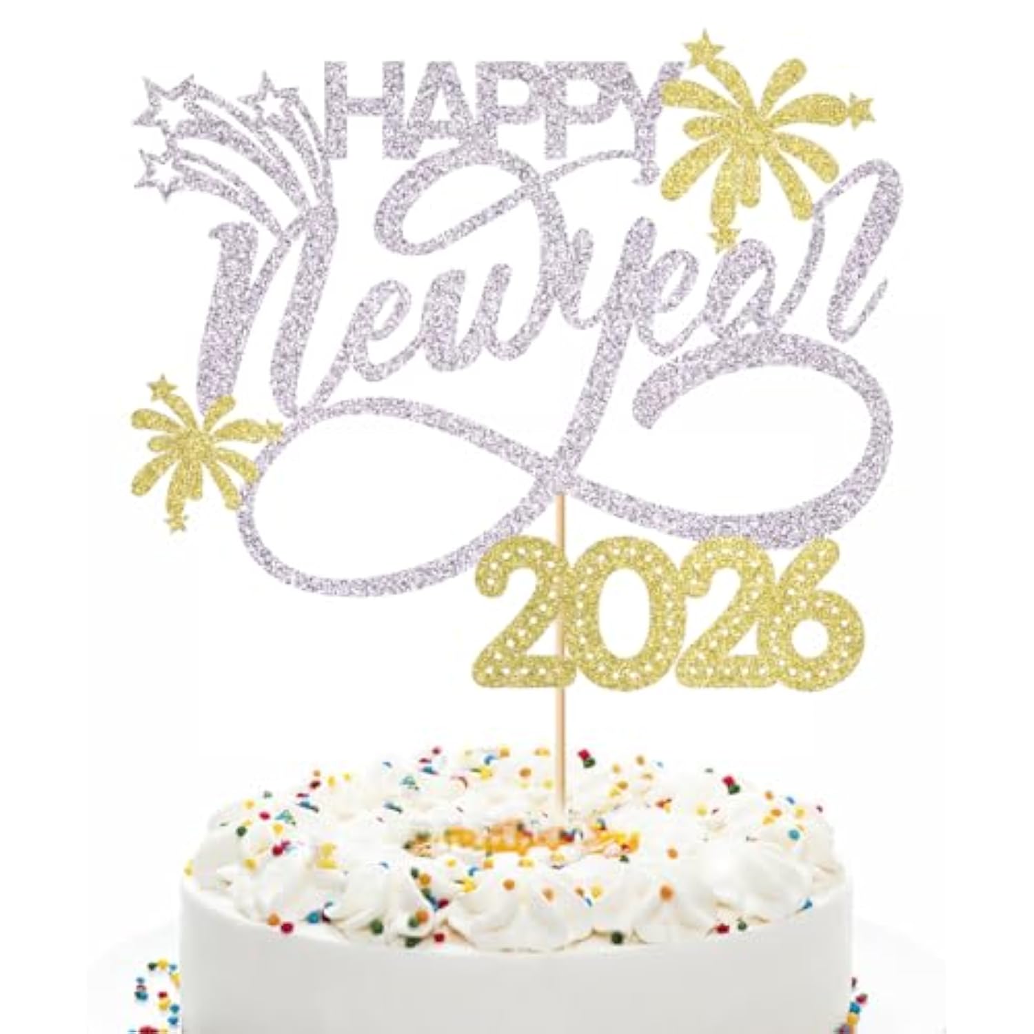 2026 Happy New Year Cake Topper Silver Glitter for Party and Holiday Decorations