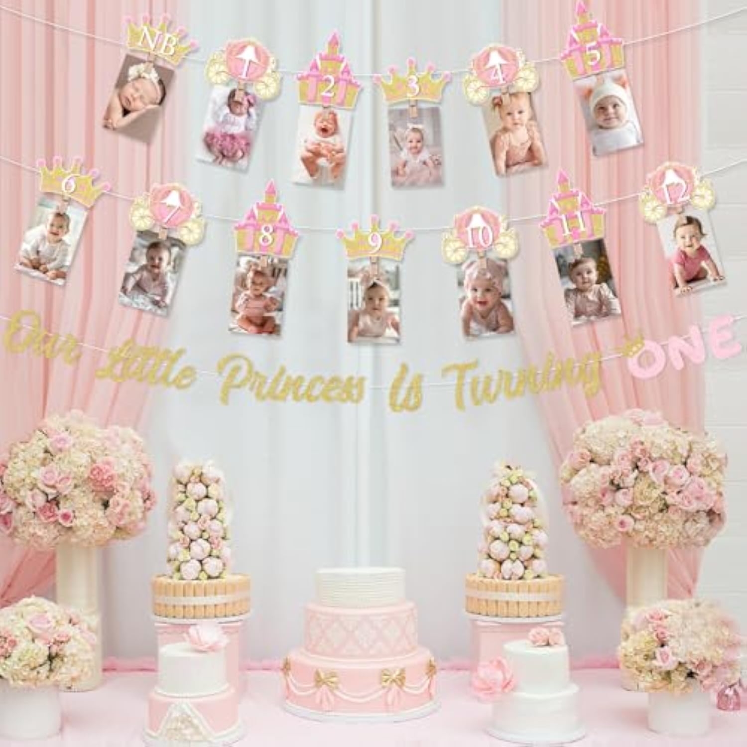 Princess First Birthday Decorations Girl, Princess Theme 1St Birthday Photo Banner Crown Our Little Princess Is Turning One Banner Glitter For 1 Year Old Girl 1St Birthday Party Decorations