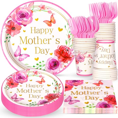 Happy Mother's Day Party Decorations, Mother's Day Party Supplies, Mothers Day Plates and Napkins, Cups and Knives for Mothers Best Mom Ever Themed Parties Serves 24