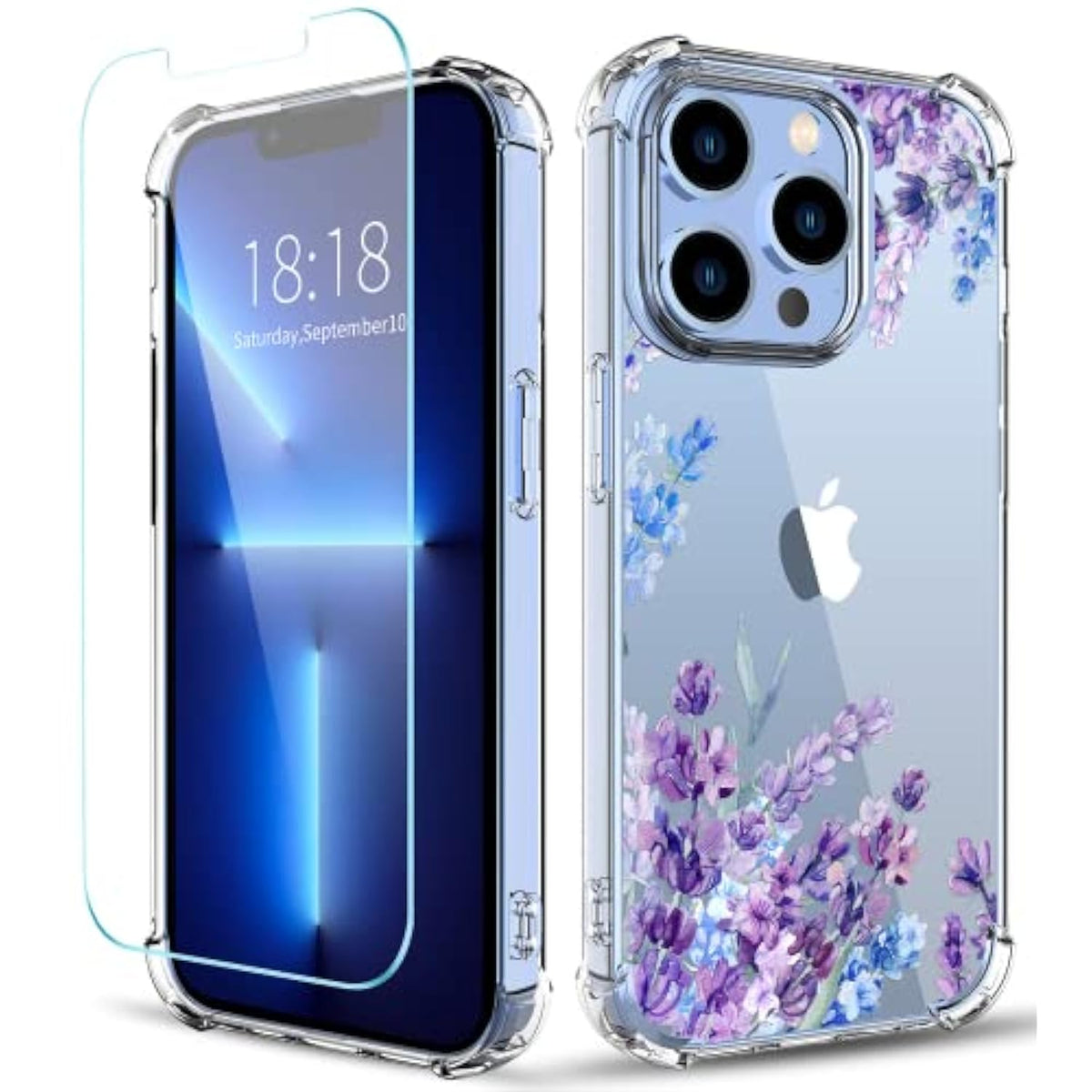 Flower Designed For Iphone 13 Pro Case[With Screen Protector], Floral Clear Women Phone Case Shockproof Protective Soft Tpu Bumper Cover 6.1 Inch 2021 (Lavender/Purple)