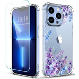 Flower Designed For Iphone 13 Pro Case[With Screen Protector], Floral Clear Women Phone Case Shockproof Protective Soft Tpu Bumper Cover 6.1 Inch 2021 (Lavender/Purple)