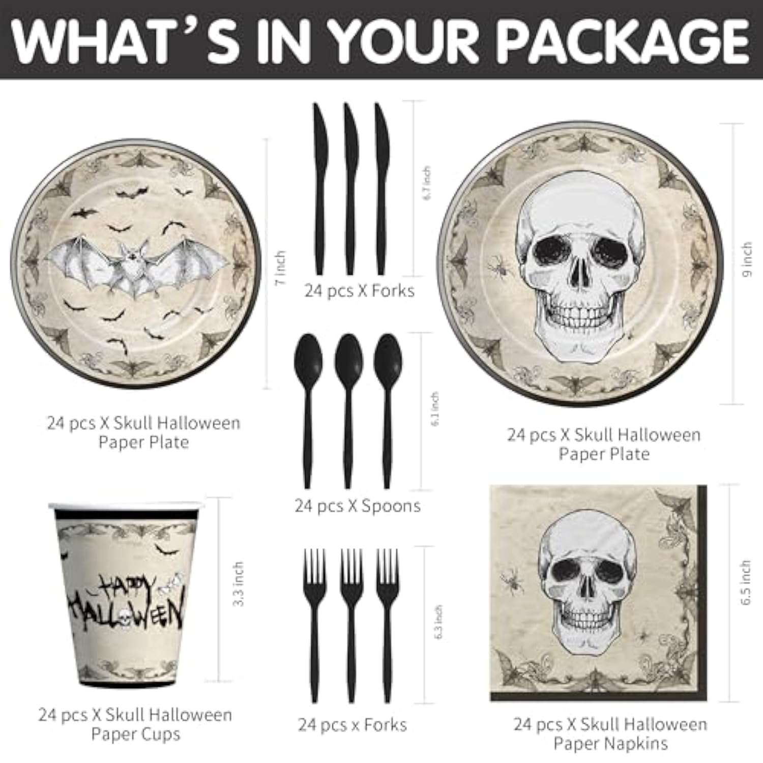 Halloween Party Tableware for Adults Vintage Skull Bat Plates Napkins Disposable Serves 24