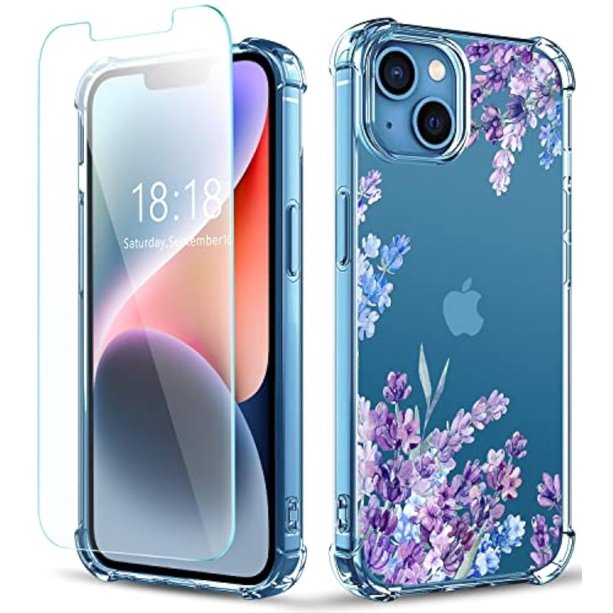 Flower Designed For Iphone 13 Case[With Screen Protector], Floral Clear Women Phone Case Shockproof Protective Soft Tpu Bumper Cover 6.1 Inch 2021 (Lavender/Purple)