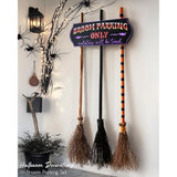 Halloween Decorations - Broom Parking Sign with 3 Wooden Witches Brooms