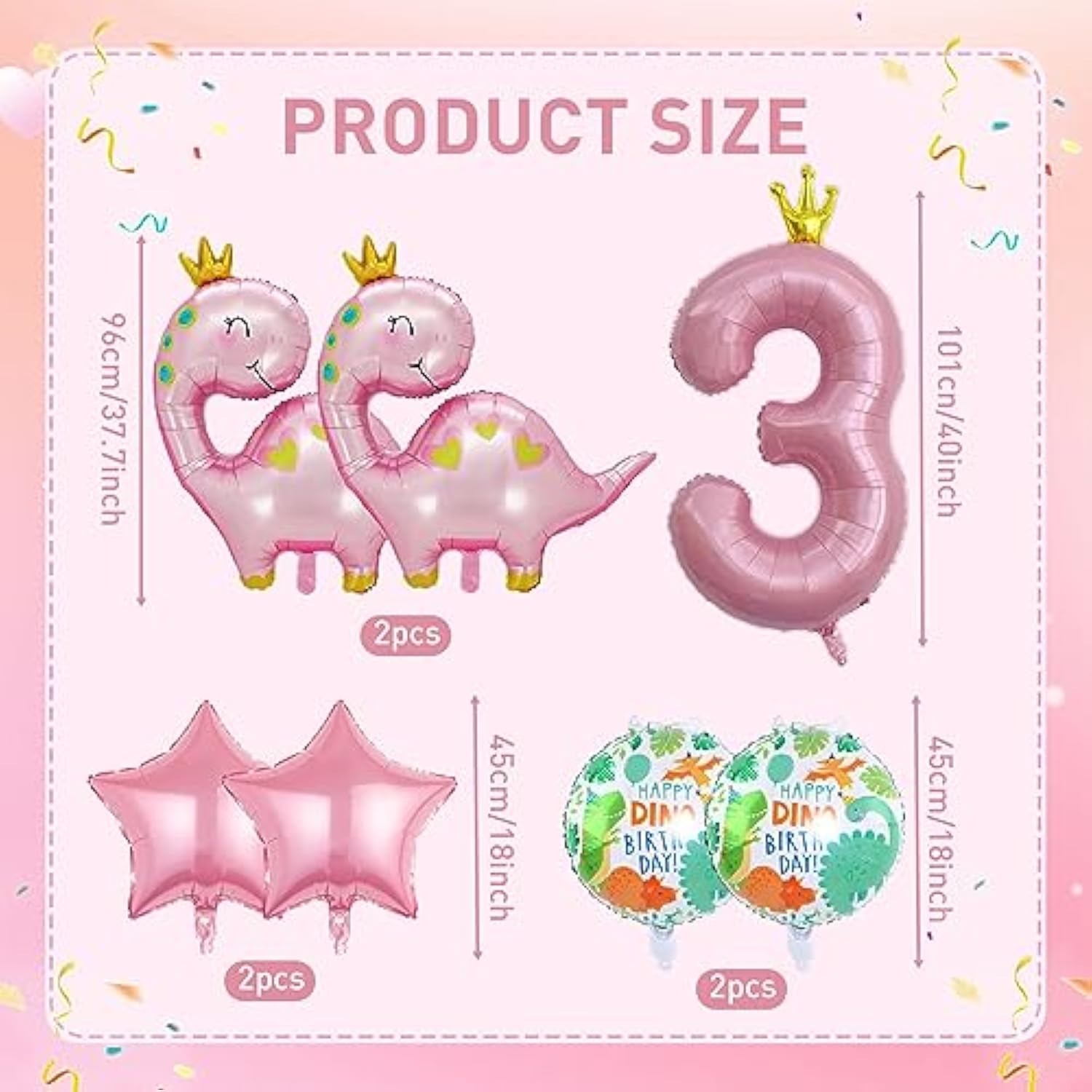 7Pcs Pink Crown Dinosaur Balloons, Girl Birthday Number Mylar Foil Balloon, 3Rd Birthday Party Supplies Decorations