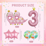 7Pcs Pink Crown Dinosaur Balloons, Girl Birthday Number Mylar Foil Balloon, 3Rd Birthday Party Supplies Decorations