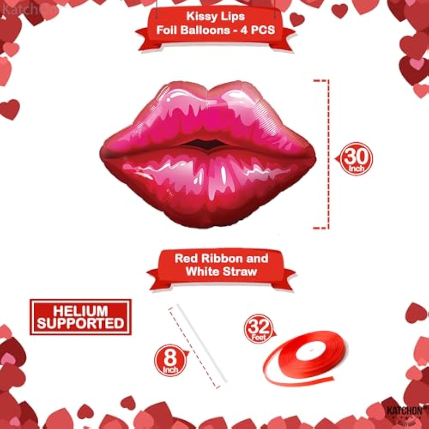 , Red Lip Balloons Set - Large 30 Inch, Pack Of 4 | Kiss Balloons Deco