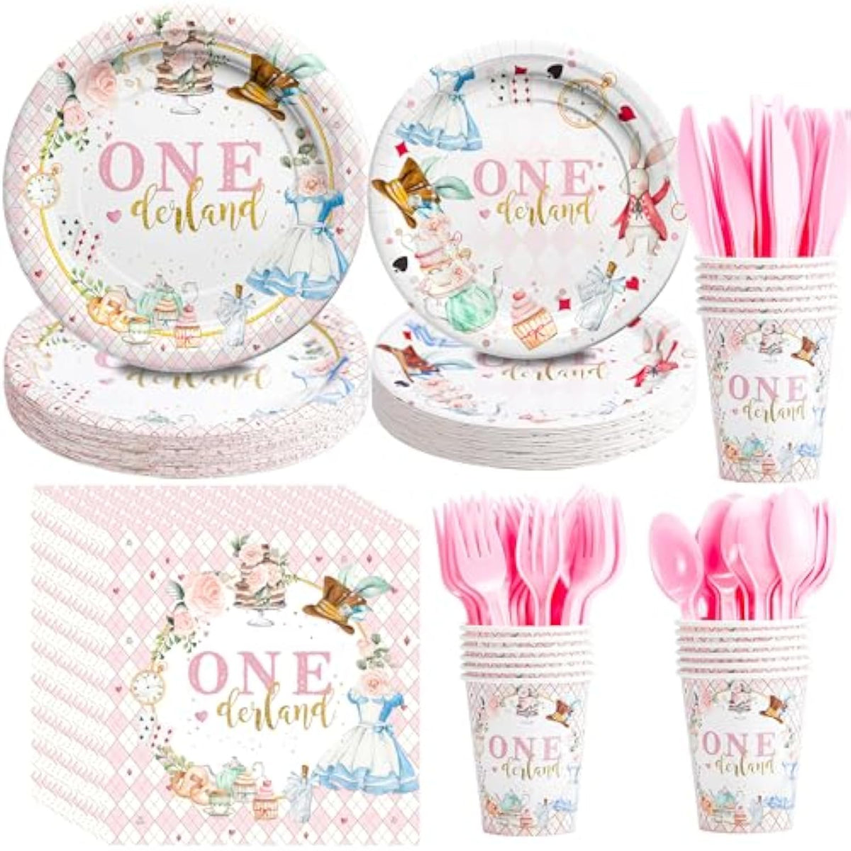 Alice First Birthday Party Supplies Girl - Alice Theme 1St Birthday Decorations Tableware, Paper Plate, Napkin, Cup, Disposable Cutlery, 24 Guests