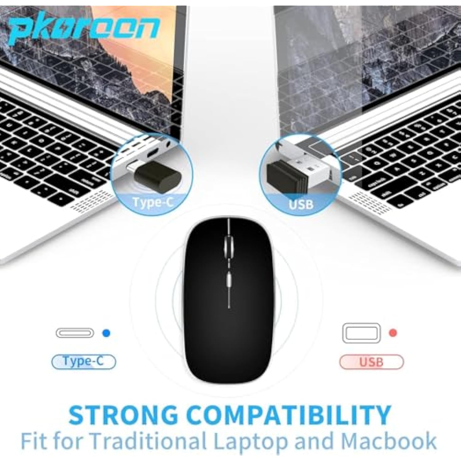 Wireless Mouse, Rechargeable 2.4G Wireless Mouse With Silent Optical Click, Usb Receiver And Type-C Adapter, 3 (1000/1200/1600) Adjustable Dpi For Computer, Laptop, Pc, Mac