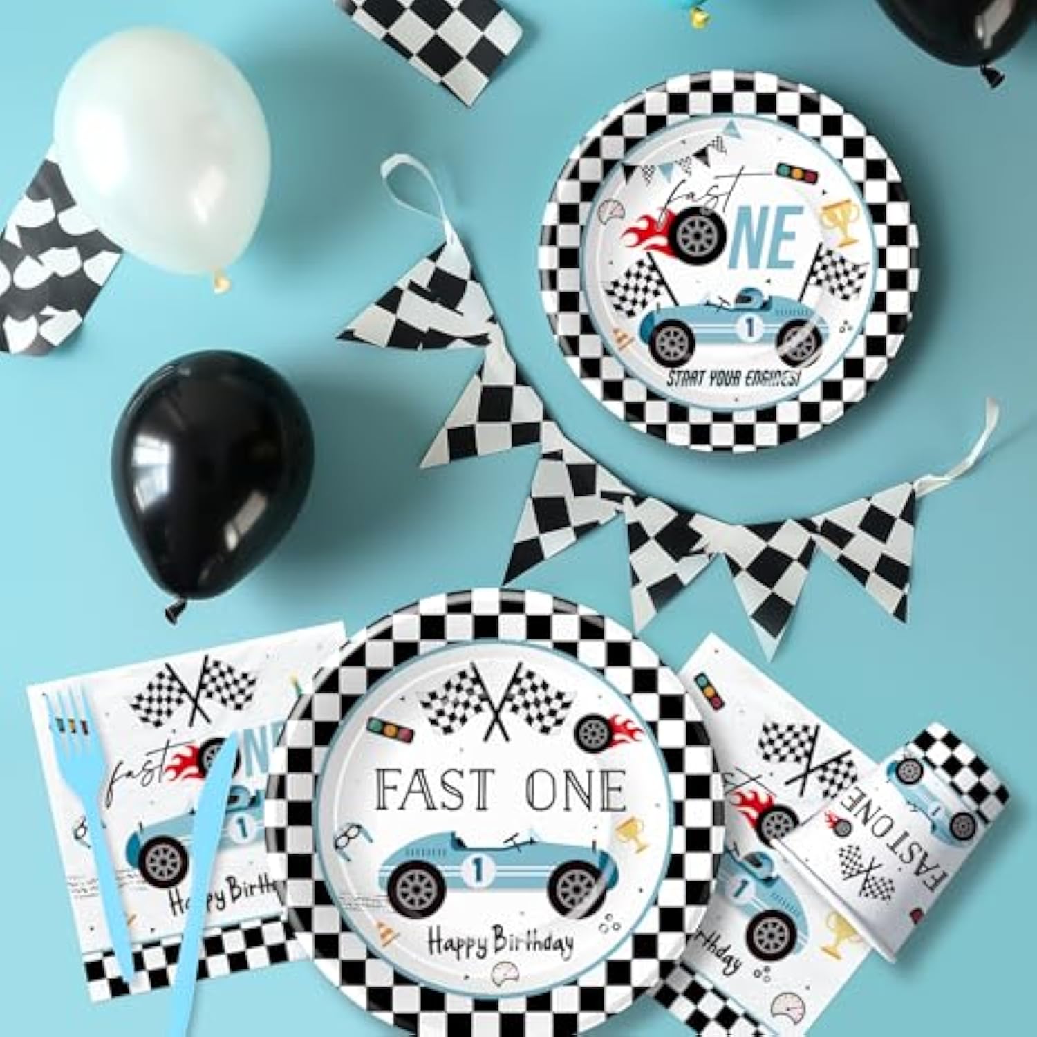 Race Car 1St Birthday Party Supplies - Fast One Plates And Napkins Decorations Boys Tableware, Plate, Cup, Napkin, Fork, Blue Race Car One-Year-Old Decorations | Serve 24