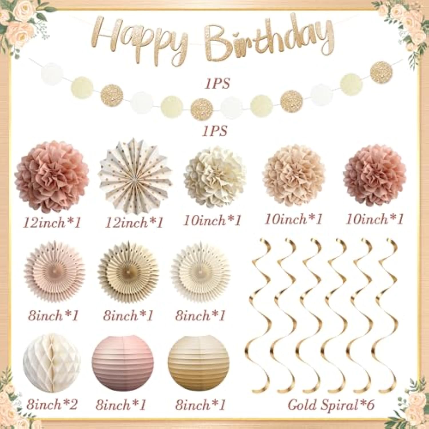 Champagne Gold Beige Fall Boho Party Decorations, Birthday Decorations For Women Girls, Cream Neutral Party Decorations, Happy Birthday Banner With Paper Flowers, Honeycomb Balls, Lanterns, Fans