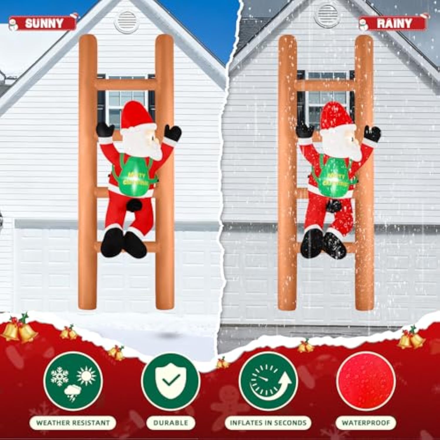 6Ft Climbing Santa On Ladder Inflatable, Christmas Blow Up Yard Decoration With Led Lights, Funny Outdoor Lawn Decor For