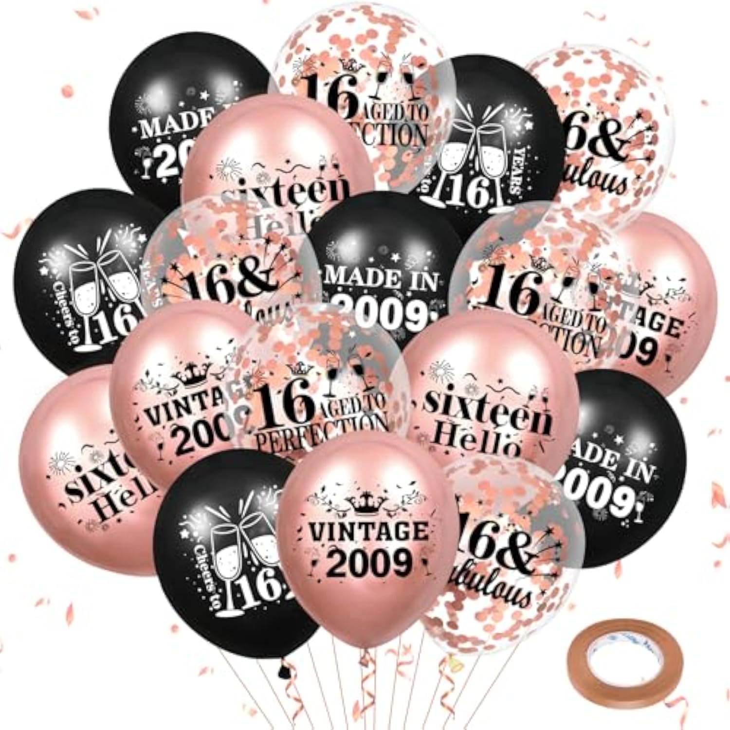 16th Birthday Balloons Rose Gold Black 18Pcs Sweet 16 Party Decorations Confetti Set