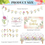124Pcs Spring Wildflower Party Decor Set - Floral Happy Birthday Backdrop, Banner, Balloons, Tablecloth, Cake Toppers | For Women Girls Birthday, Baby Shower, Tea Party