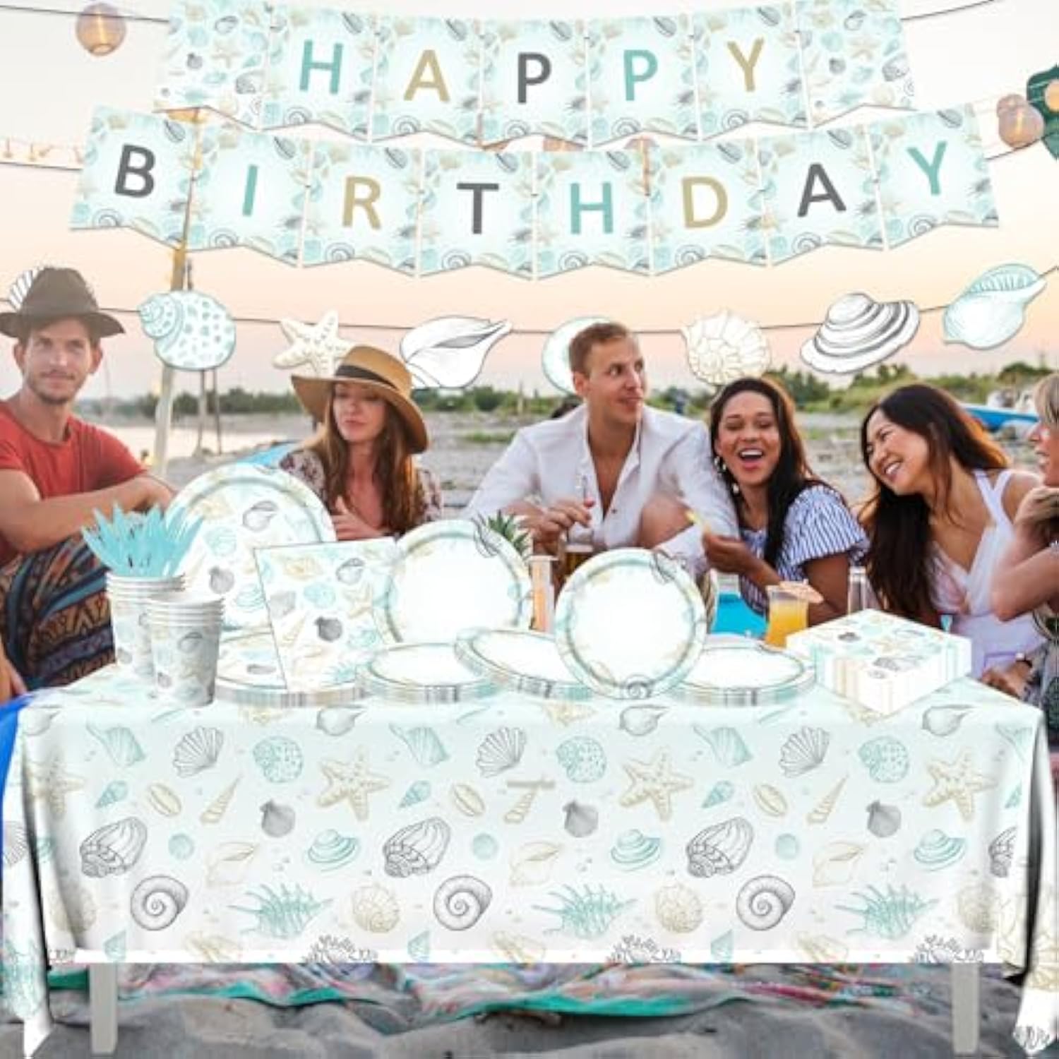 Seashell Beach Theme Party Decorations-142Pcs Beach Seashell Plates And Napkins Ocean Nautical Theme Plates Tableware Seashell Tablecloth For Summer Bash Beach Wedding Birthday Party Supplies