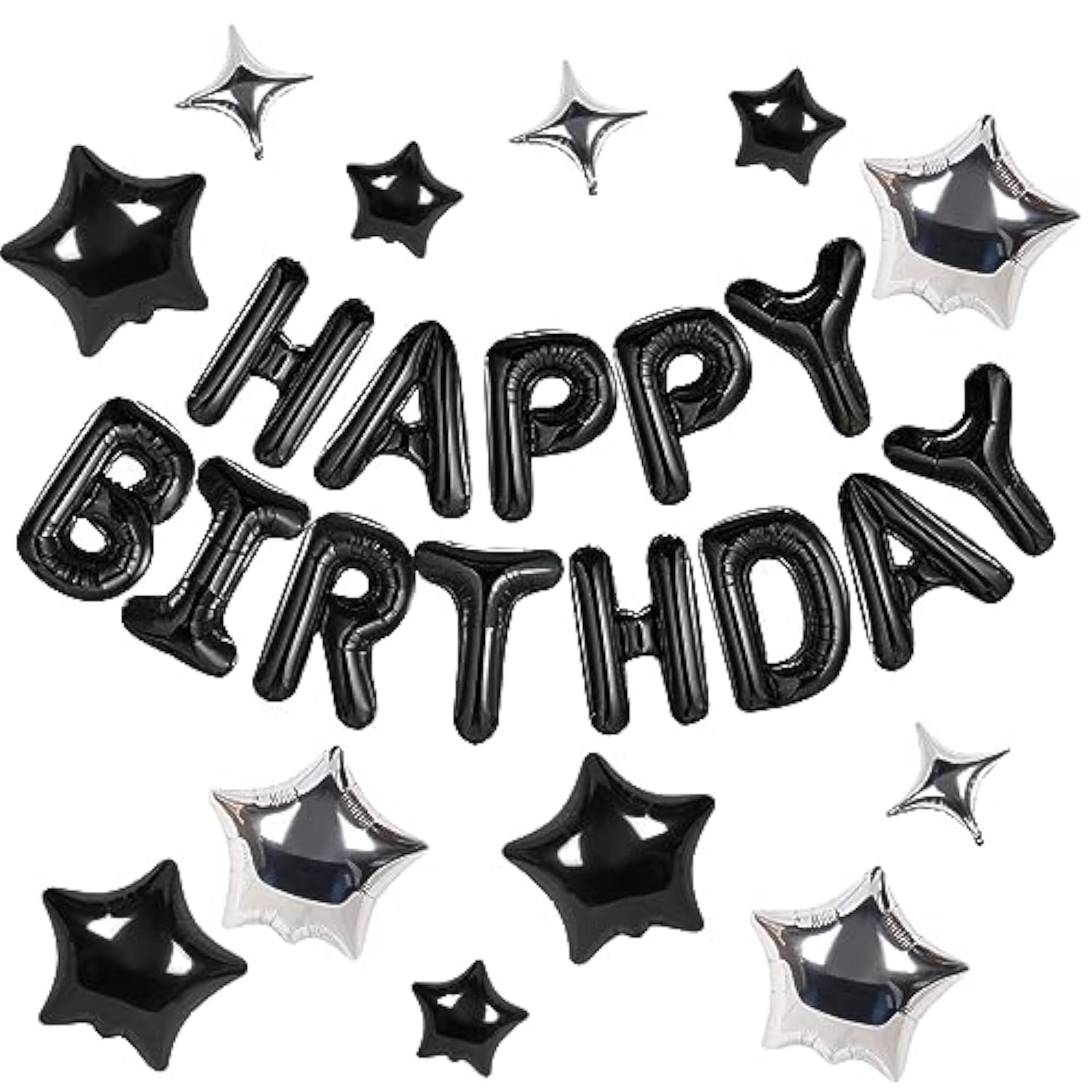 Happy Birthday Banner 13Pcs 16 Inch Mylar Foil Letters With 12Pcs Star Balloons Birthday Party Decorations For Kids And Adults - 3D Black