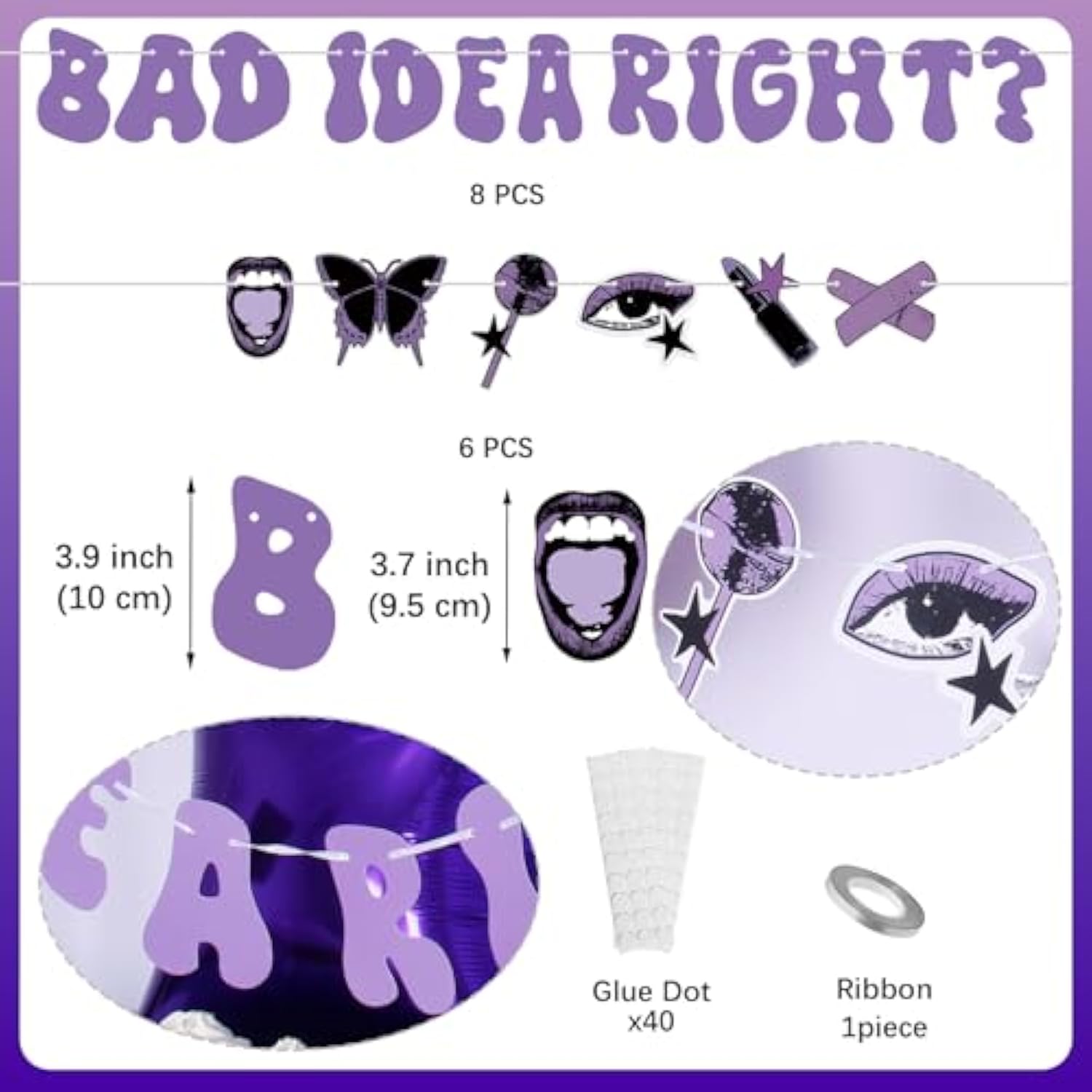 Purple Butterfly Party Decor with Bad Idea Right Banner and Printed Balloons