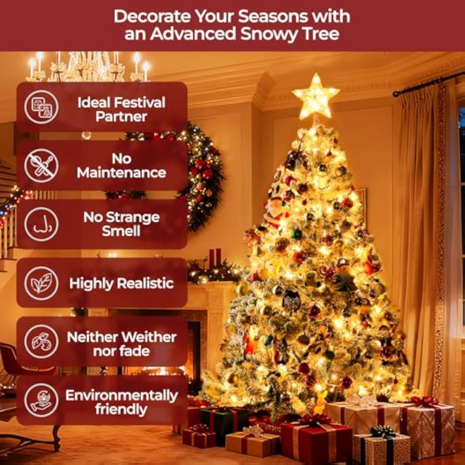 Artificial Christmas Tree, 4.5Ft Fake Christmas Trees With Lights, Snow Flocked Pencil Spruce Xmas Tree Foldable Stand Hinged For Home, Party, Office Decoration