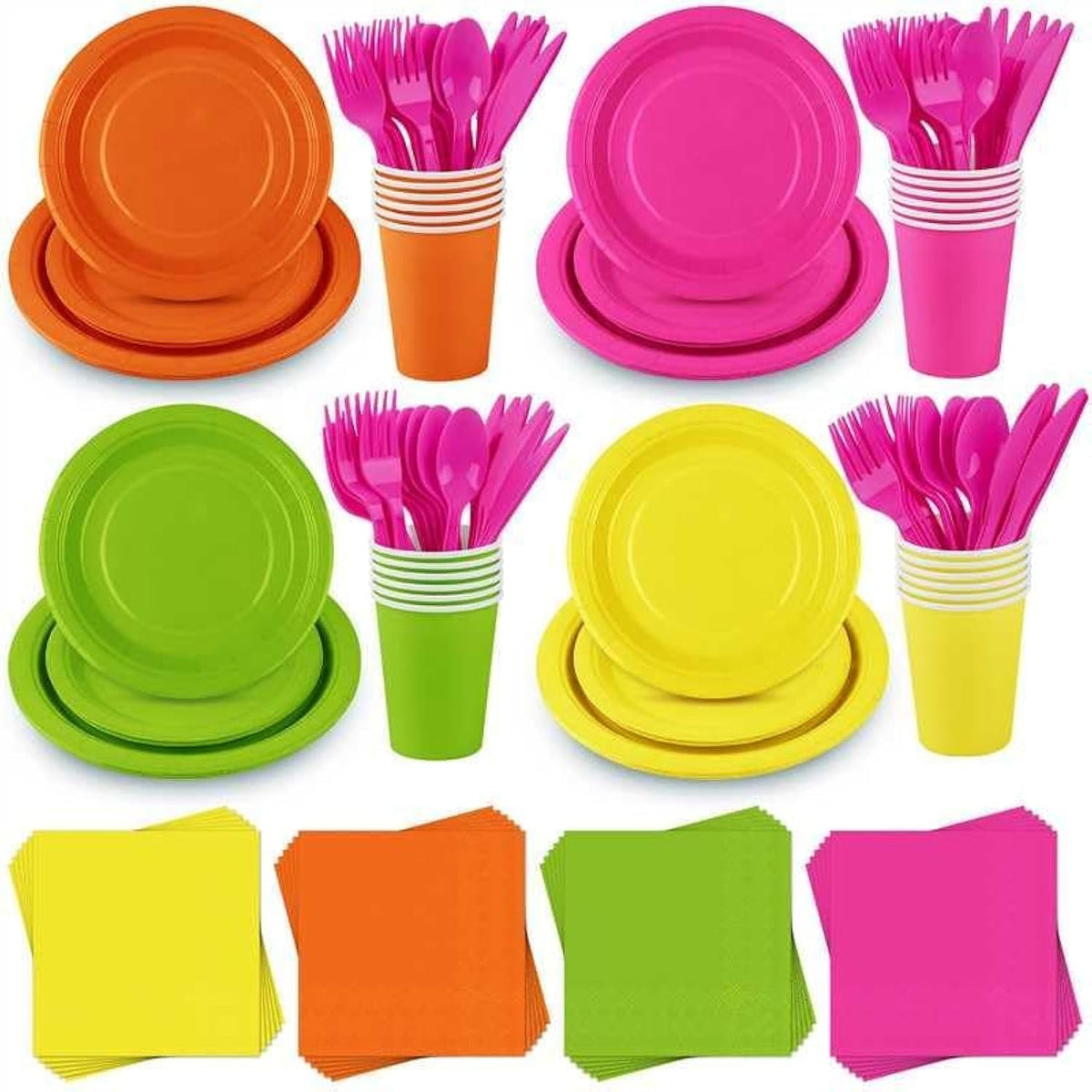 Neon Party Supplies Set (192 Pcs): Plates, Cups, Napkins, Cutlery - 24 Guests
