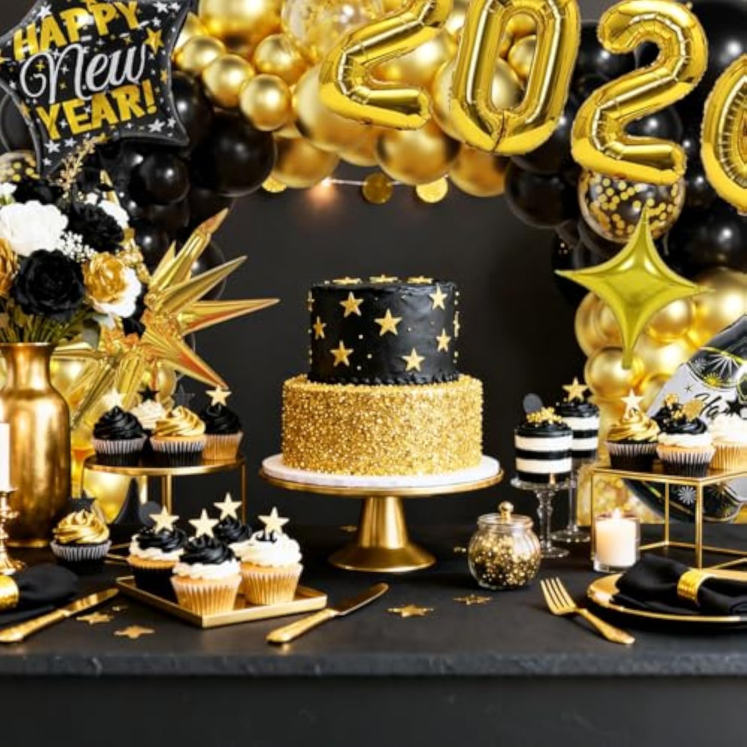 Black Gold New Year 2026 Party Set with Balloons, Banner & Fringe Backdrop
