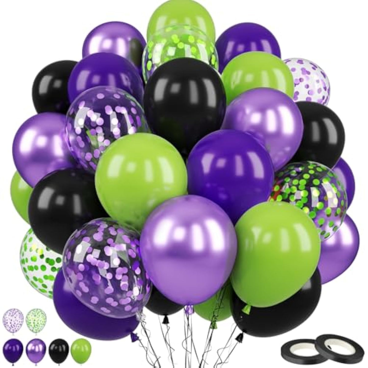 Purple Green Black Halloween Balloons Set 12 Inch Latex Confetti Party Decor