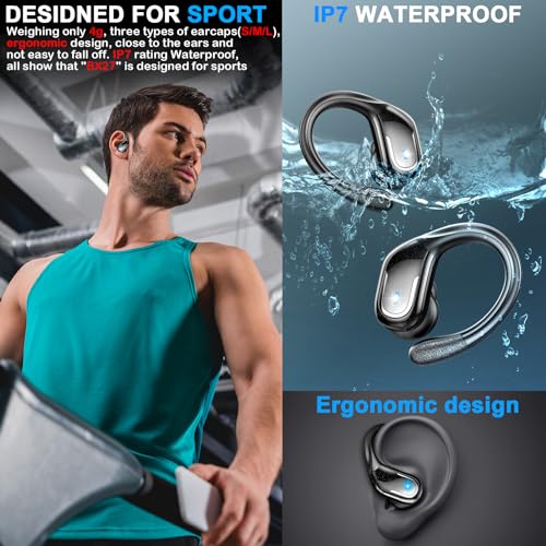 Wireless Earbud, Bluetooth 5.4 Headphones IP7 Waterproof for Sport, 50H Running Wireless Earphones with ENC Noise Cancelling Mic, Deep Bass Over Ear