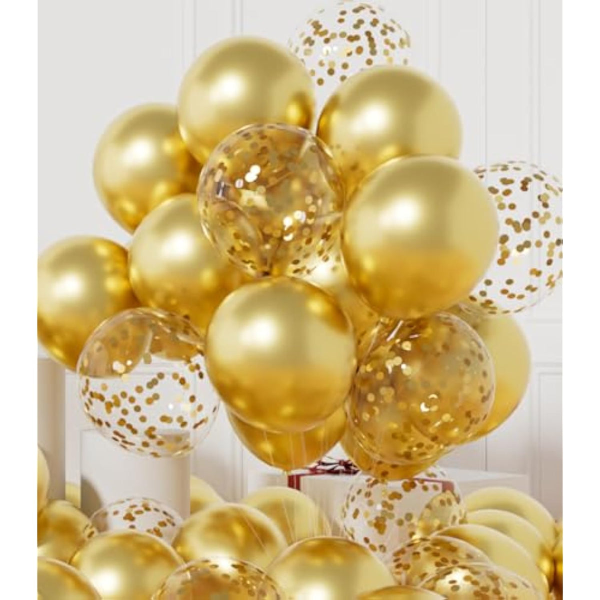 Party Balloons Pack Of 42 - Metallic Gold Balloons & Gold Confetti Balloons And 64Ft Ribbons - 12 Inch Balloons Decorations Set