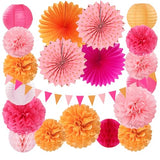 Pink-Orange Fall Party-Decorations Paper-Flowers Lanterns - 20PCS Autumn Wedding Birthday Tissue Pom Poms Streamers Fans Honeycomb, Groovy Boho Baby Shower Rustic Hanging Supplies Decor