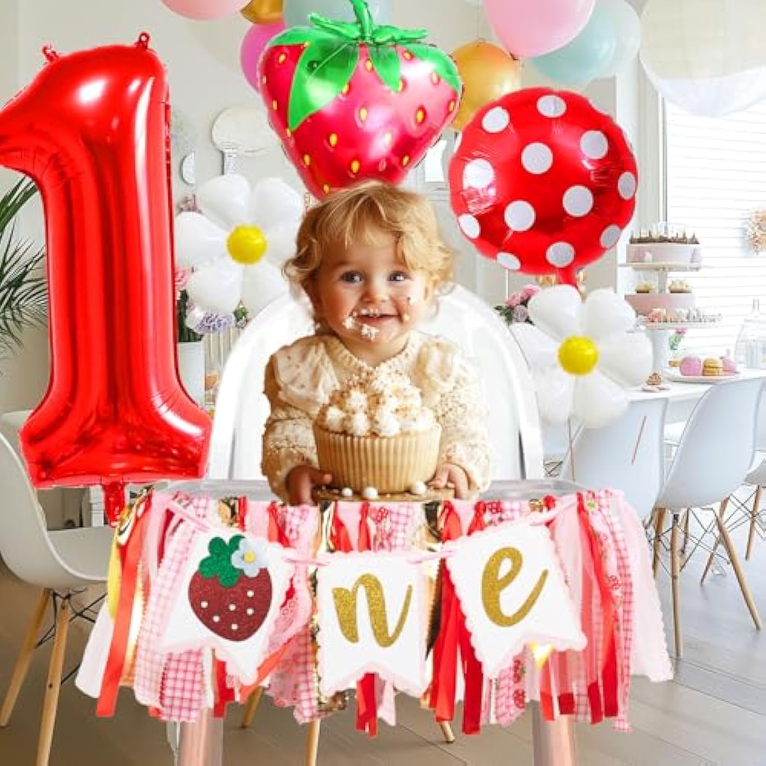 7pcs Strawberry First Birthday Kit – Banner, Balloons & Cake Smash Decor