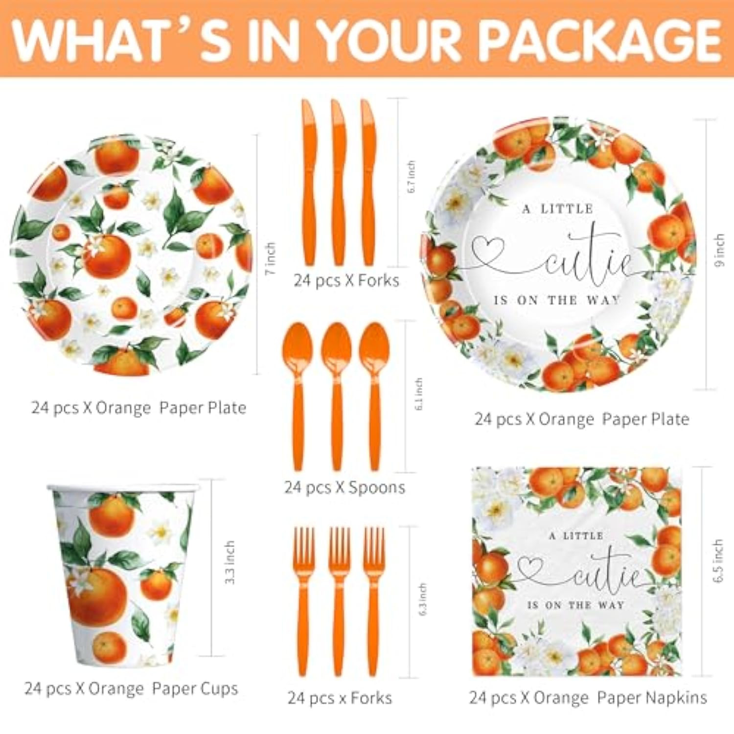 Little Cutie Baby Shower Decorations Tableware, Fruit Orange Baby Shower Decorations, Paper Plates And Napkins, Cup, Cutlery | Serves 24