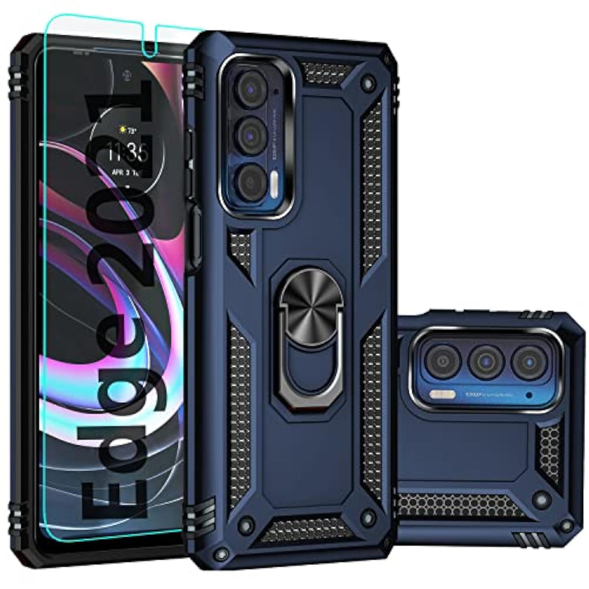 For Moto Edge 2021 Case,With Screen Protector,[Military Grade] 16Ft Drop Tested, Magnetic Kickstand Protective Case For Moto Edge 5G Uw, Blue