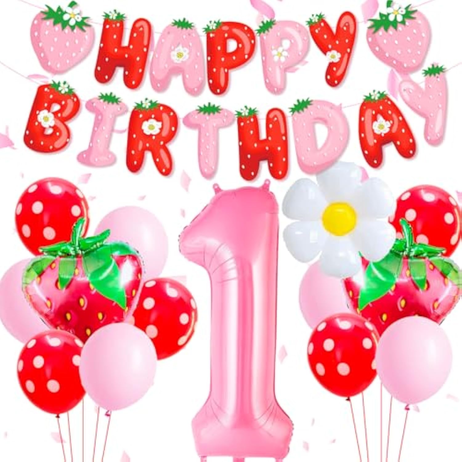 Strawberry 1st Birthday Decor Set Pink #1 Balloon, Banner & Foil Strawberries