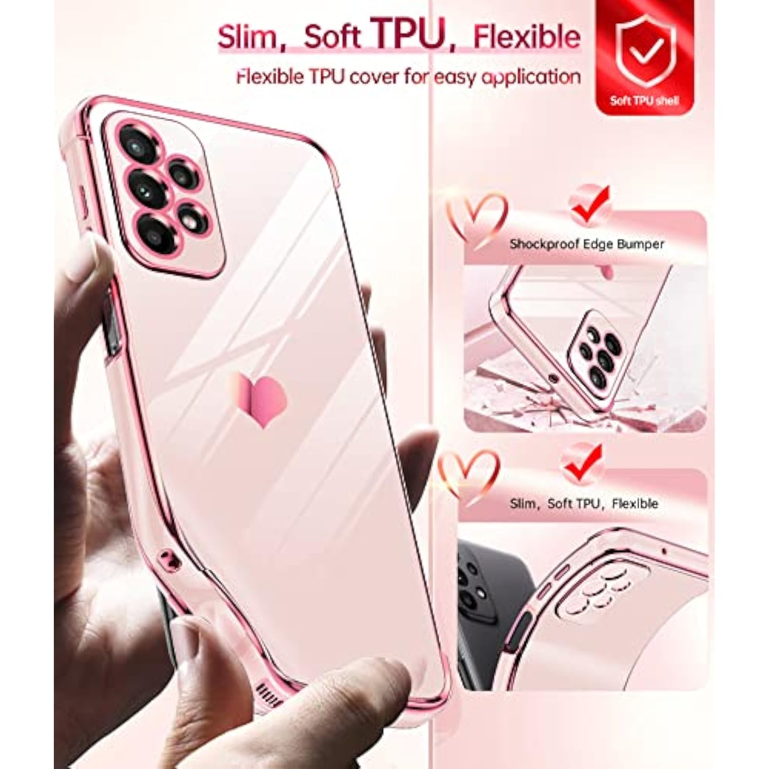 For Samsung Galaxy A23 5G Case: With Screen Protector [2 Pcs]+ Full Camera Protection, Love Heart Plating Girly Women Cute Luxury Soft Tpu Case For Samsung A23 5G, Pink