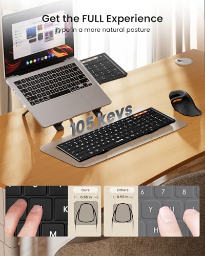 Foldable Bluetooth Keyboard, Xk01 Full-Size Portable Wireless Keyboard For Travel, 105 Keys, 0.65" Keycaps, Multi-Device Sync For Ipad Tablet Smartphone Laptop Pc Windows Ios Android, Black