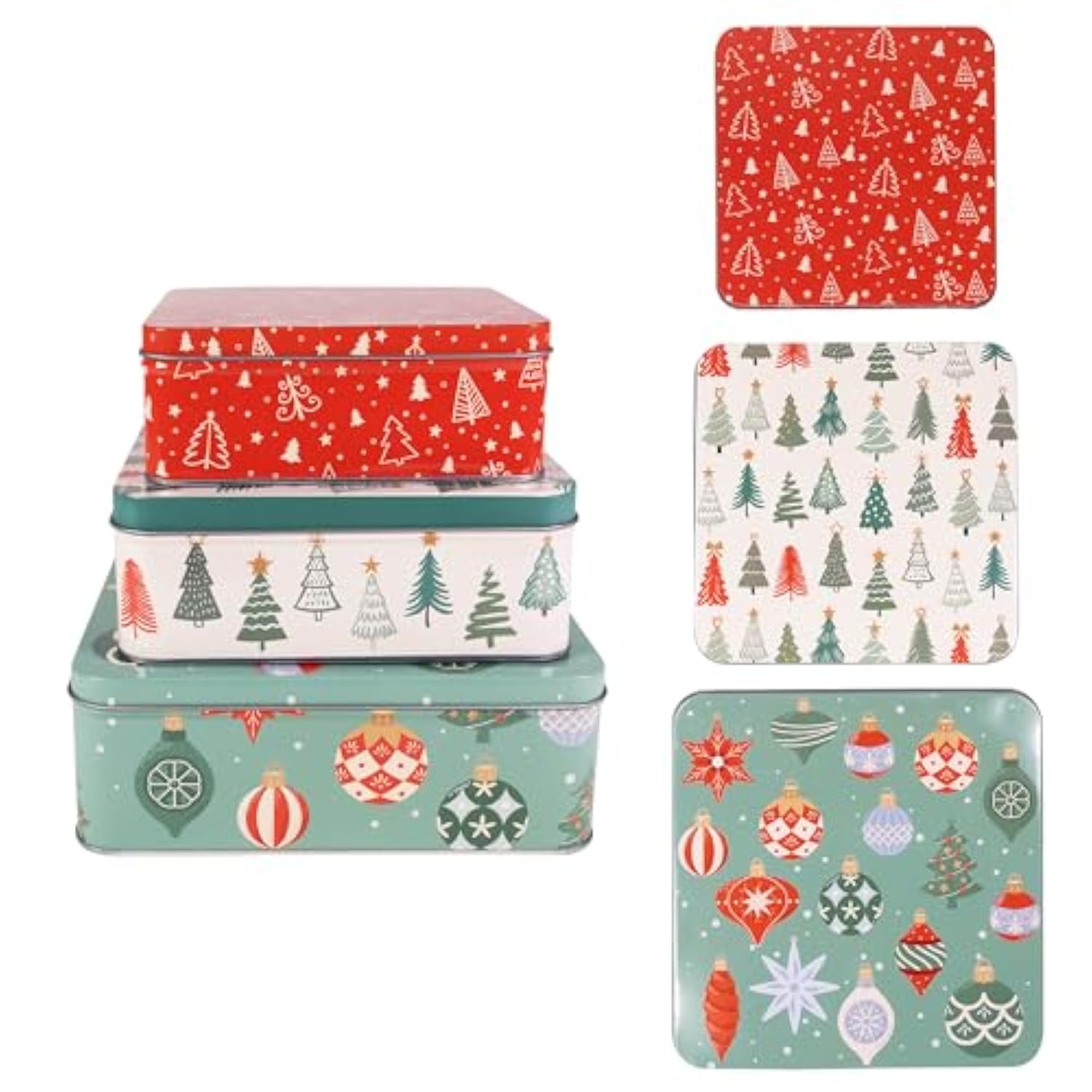 Steel Mill & Co Tin Containers With Lids, 3 Pack Christmas Cookie Tins, Festive Cookie Tins For Gift Giving & Holiday Treats, Square Metal Nesting Containers, Ornaments And Trees