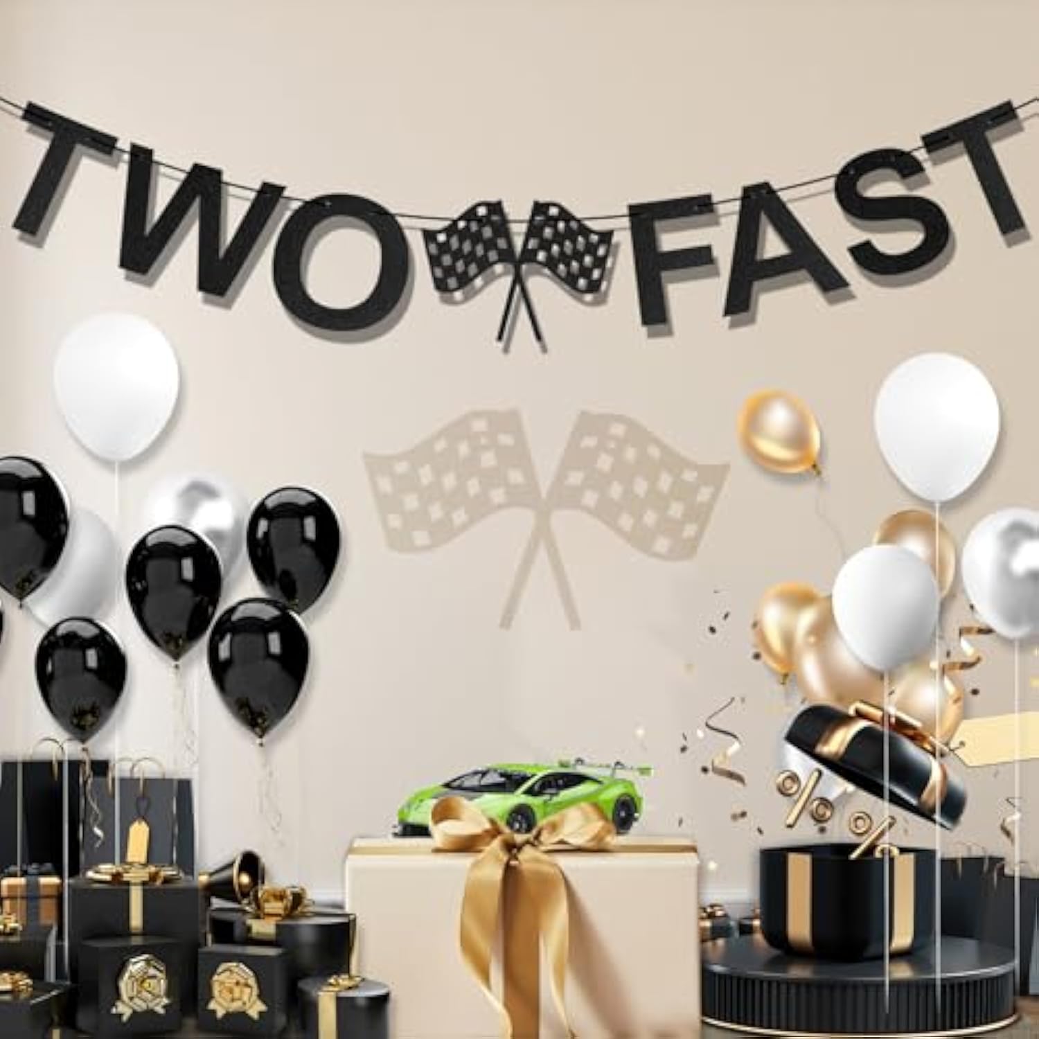 Two Fast Birthday Banner — Racing Theme with Checkered Flags & Party Decor