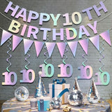 Iridescent Happy 10Th Birthday Decorations Kit For Girls Boys, Pre-Strung 10 Bday Banner Hanging Swirls Bunting Party Supplies, Ten-Year-Old Double Digits Birthday Photo Props Decor