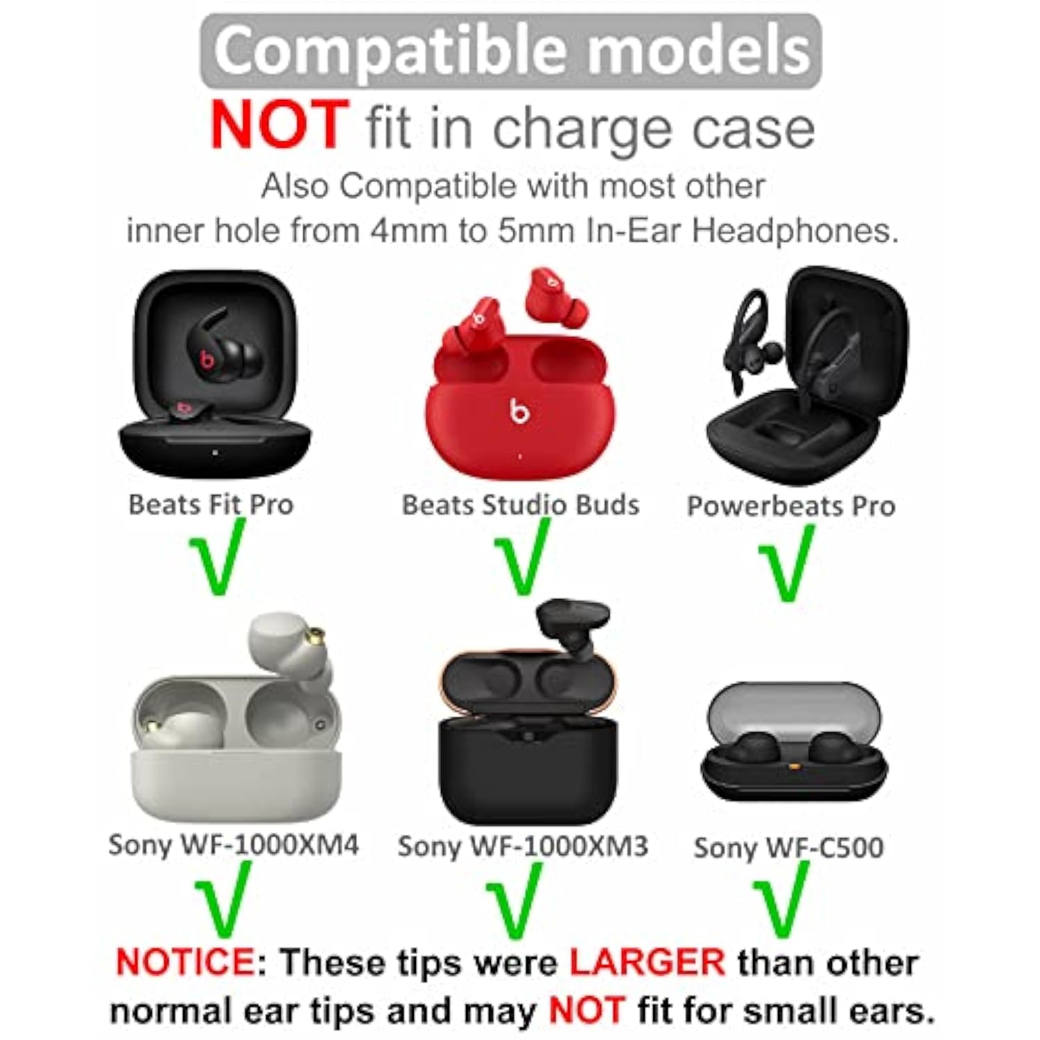 9 Pairs Compatible With Beats Studio Buds + / Fit Pro/Wf-1000Xm5 / Wf-1000Xm4 Triple Flange Ear Tips, Noise Reduce Silicone With 4Mm Connector Hole Fit For Most 4Mm - 5Mm In-Ear Earphones - Black