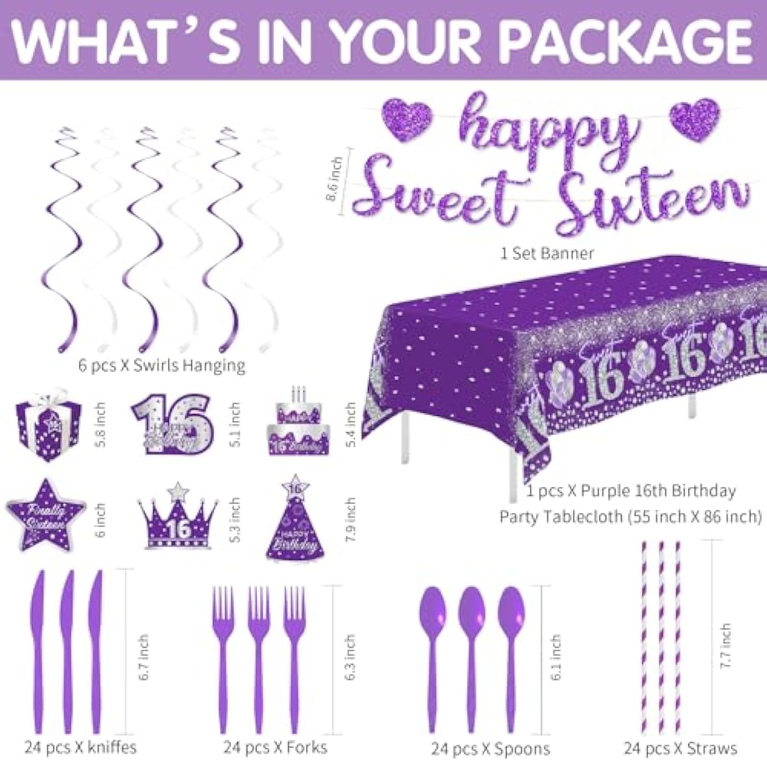 Sweet 16 Birthday Decorations Girls, Purple 16Th Birthday Party Supplies, Paper Plates And Napkins Set, Cups, Tablecloth, Banner, Swirls, Happy Sweet Sixteen Table Decorations, Serves 24