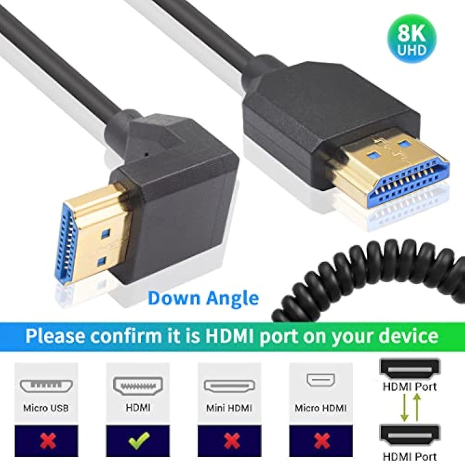 90 Degree Hdmi 2.1 Male To Male Coiled Cable 8K, Extreme Thin Down Angled Hdmi