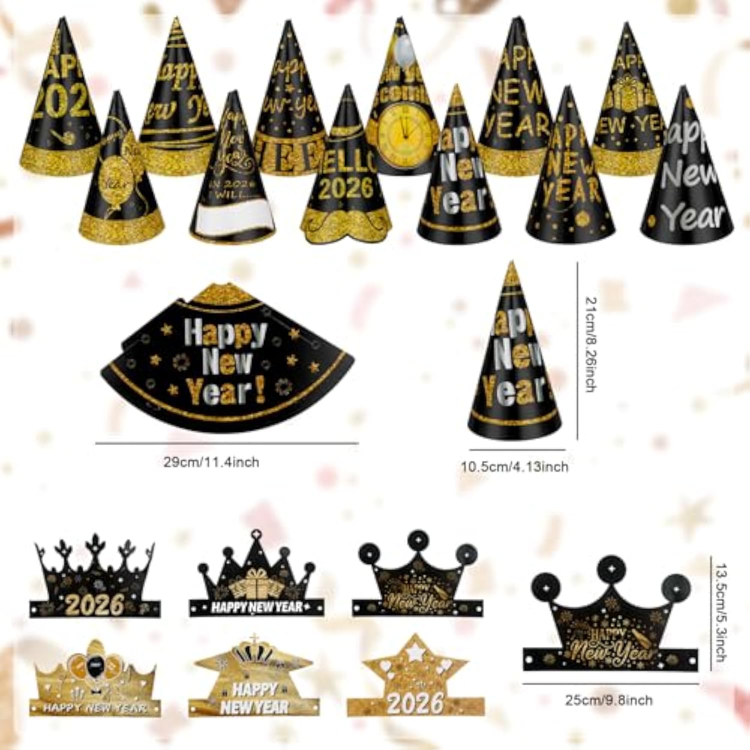 34pcs New Year 2026 Party Supplies Black Gold Hats Glasses and Accessories