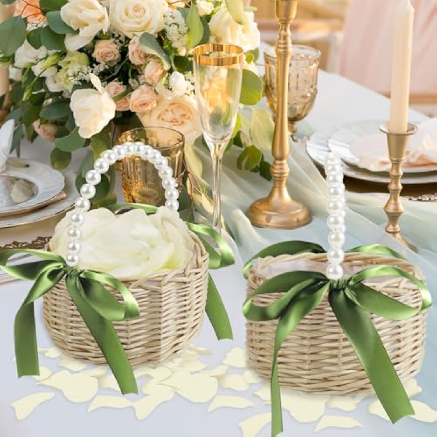 2 Pcs Wicker Rattan Flower Girl Basket With 1000 Pcs Artificial Silk Rose Petals Wedding Flower Girl Basket With Pearl Handle And Bow Fairy Flower Basket For Weddings Bridal Anniversary Party Decor