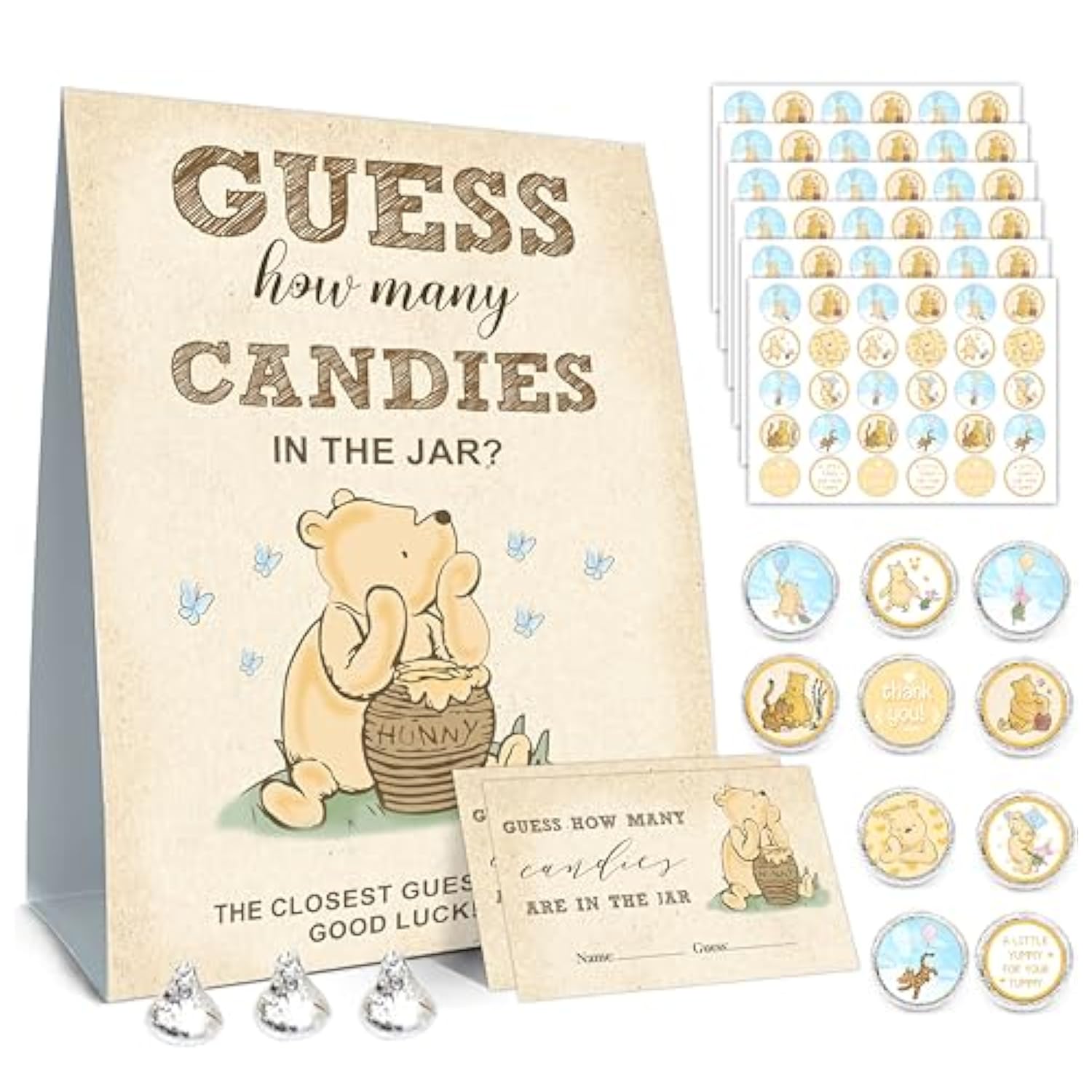 Winnie The Pooh Baby Shower Games - Guess How Many Candies Standing Sign, 50 Guessing Cards, 180 Stickers