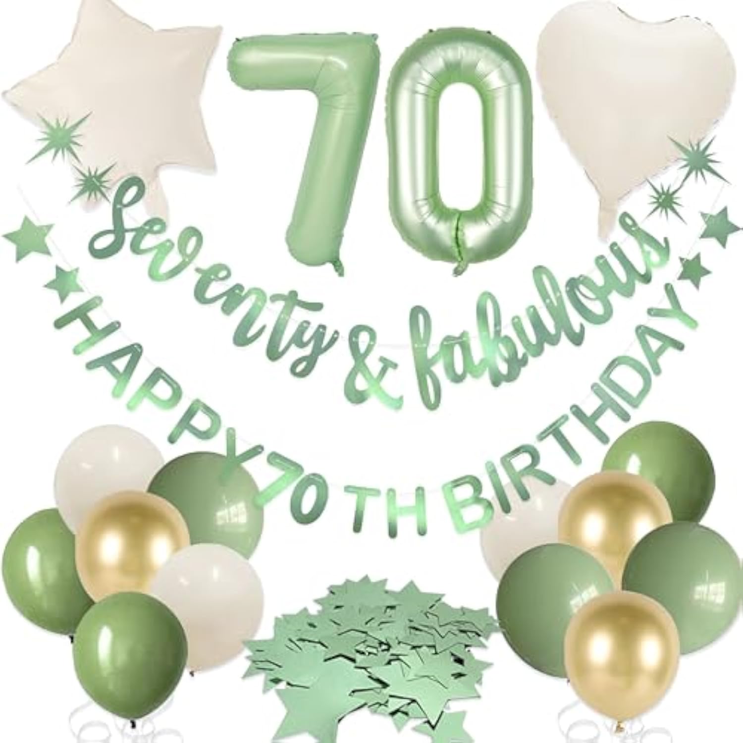 Sage Green 70th Birthday Banner and Foil Balloon Party Decor