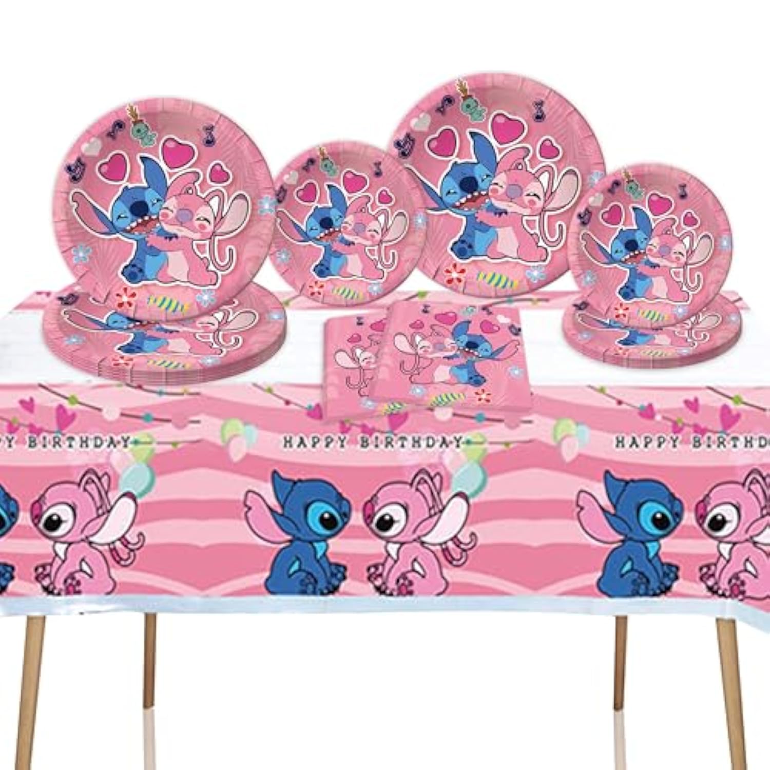 41Pcs Pink Stitch Party Set – 20 Plates, 20 Napkins & 1 Tablecover. Perfect For Stitch-Themed Birthdays! Features Cute Pink Stitch Prints, Durable Plates, And Easy Cleanup. Ideal For Kids’ Parties!