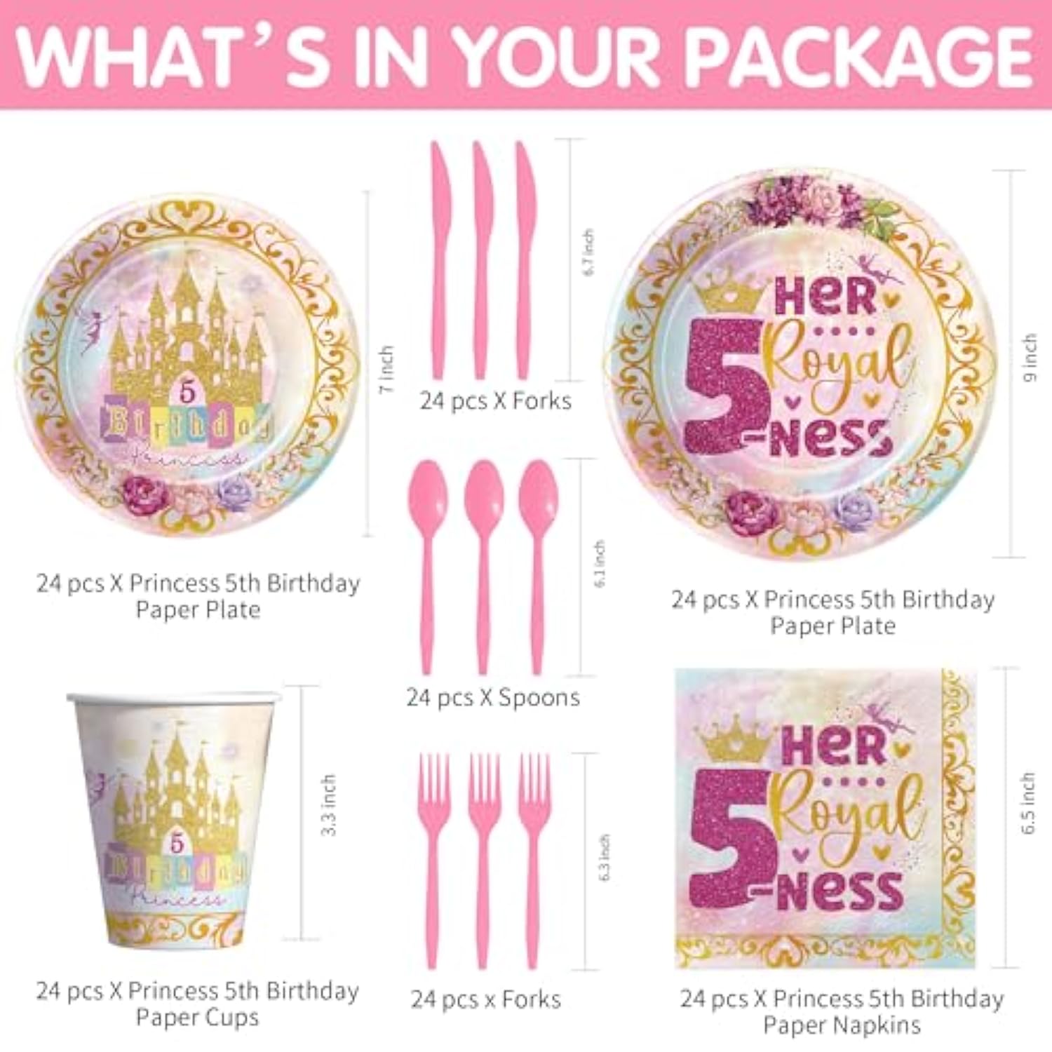 Princess 5Th Birthday Party Decorations Tableware Girl, Pink And Gold Princess Theme Her Royal 5Ness Birthday Party Supplies, Disposable Paper Plate, Cup, Napkin, Cutlery, Serves 24