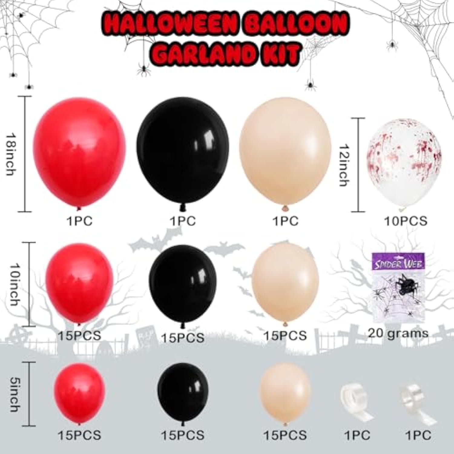 Halloween Balloon Arch Kit – Black Red Apricot with Spider & Blood Balloons