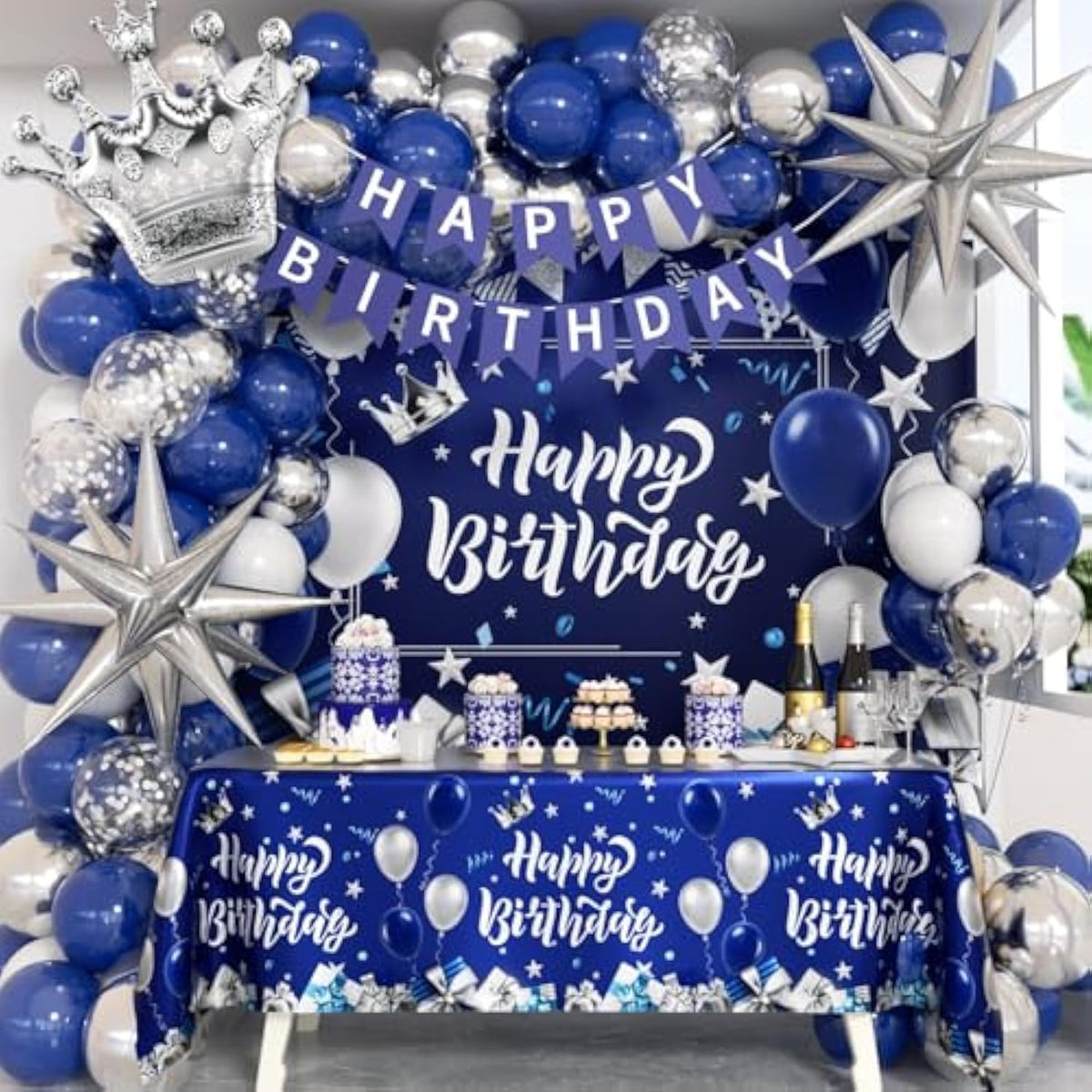 Blue And Silver Birthday Decorations, Blue White Silver Balloons Banner Tablecloth Backdrop For Happy Birthday Decorations For Men
