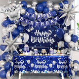 Blue And Silver Birthday Decorations, Blue White Silver Balloons Banner Tablecloth Backdrop For Happy Birthday Decorations For Men