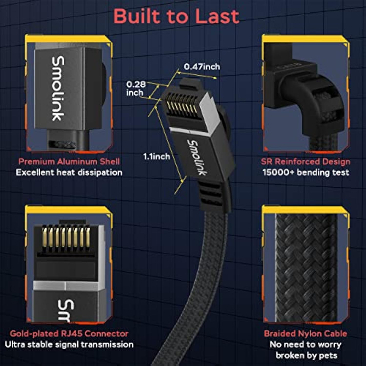 Cat 8 Flat Ethernet Cable 50 Ft, Nylon Braided High Speed Network Cable Lan Ca